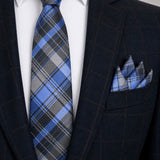 BLUE & GREY PLAID CHECK TIE SET