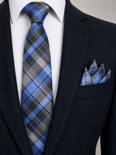 BLUE & GREY PLAID CHECK TIE SET