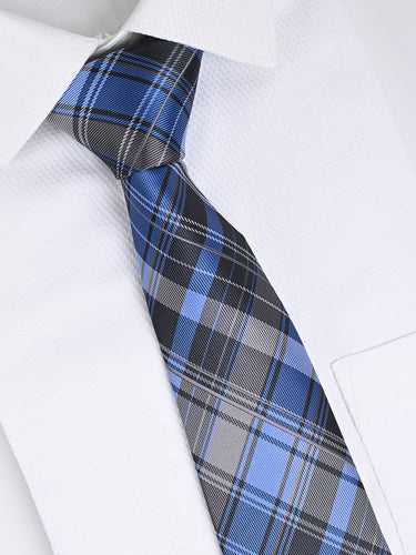 BLUE & GREY PLAID CHECK TIE SET
